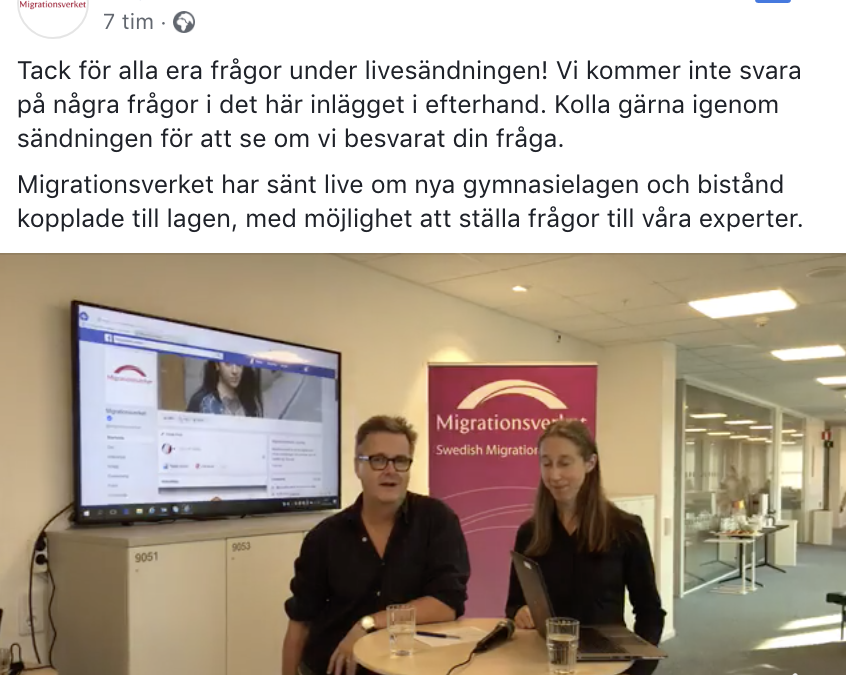 Migrationsverket i live-sändning på Facebook: ”11.500 ansökningar har inkommit enligt den så kallade gymnasielagen.”