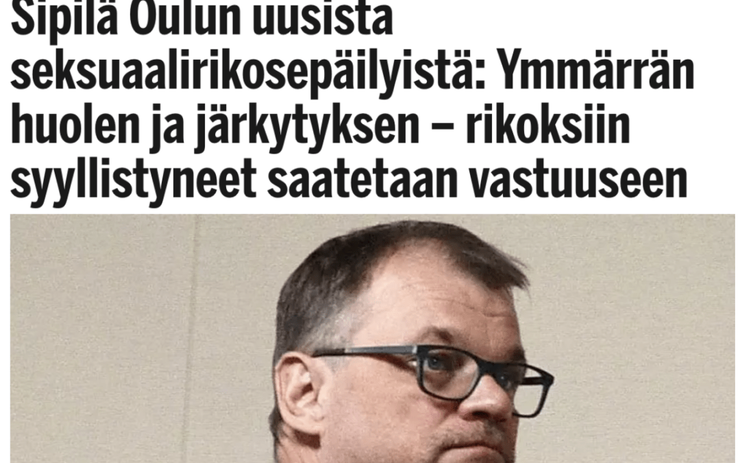 Finland. Statsminister Juha Sipilä om de nya sexualbrottsmisstankarna i Uleåborg: ”Allvarliga brott inverkar negativt på möjligheten att få permanent uppehållstillstånd. Asylsystemets uppgift är att hjälpa nödställda men brottslingar kan det inte skydda. ”