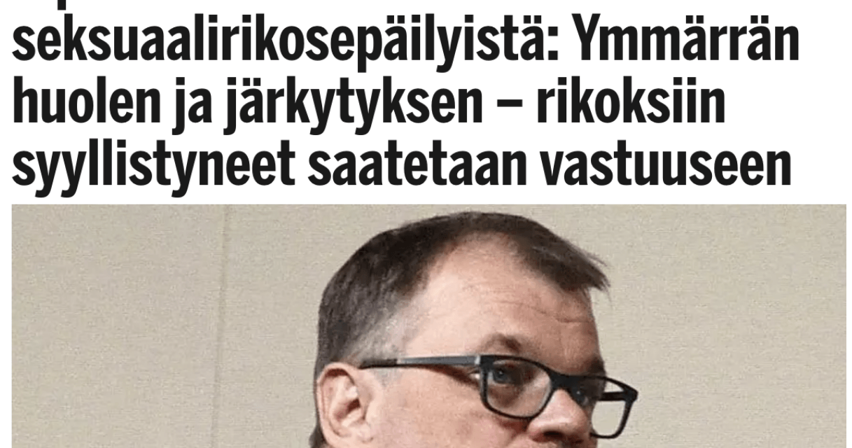 Finland. Statsminister Juha Sipilä om de nya sexualbrottsmisstankarna i Uleåborg: ”Allvarliga brott inverkar negativt på möjligheten att få permanent uppehållstillstånd. Asylsystemets uppgift är att hjälpa nödställda men brottslingar kan det inte skydda. ”