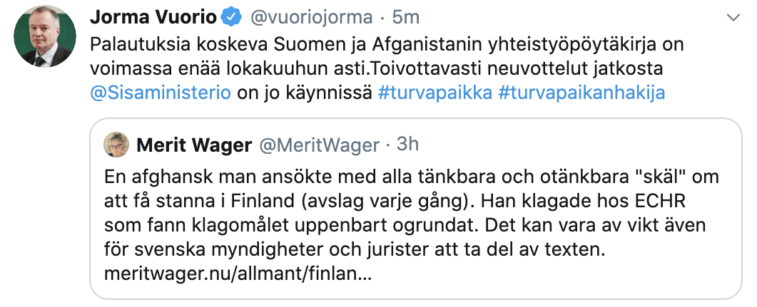 Finland. Något om avtalet med Afghanistan om återtagande av sina medborgare som inte fått asyl i Finland.